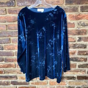 Jennifer Moore Blue Floral Crushed Velvet Long Sleeve Blouse Women's Size 2X